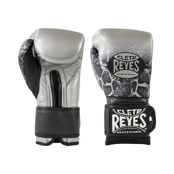 Cleto Reyes Training Boxing Gloves with Hook and Loop Closure – Silver/Black Steel Snake